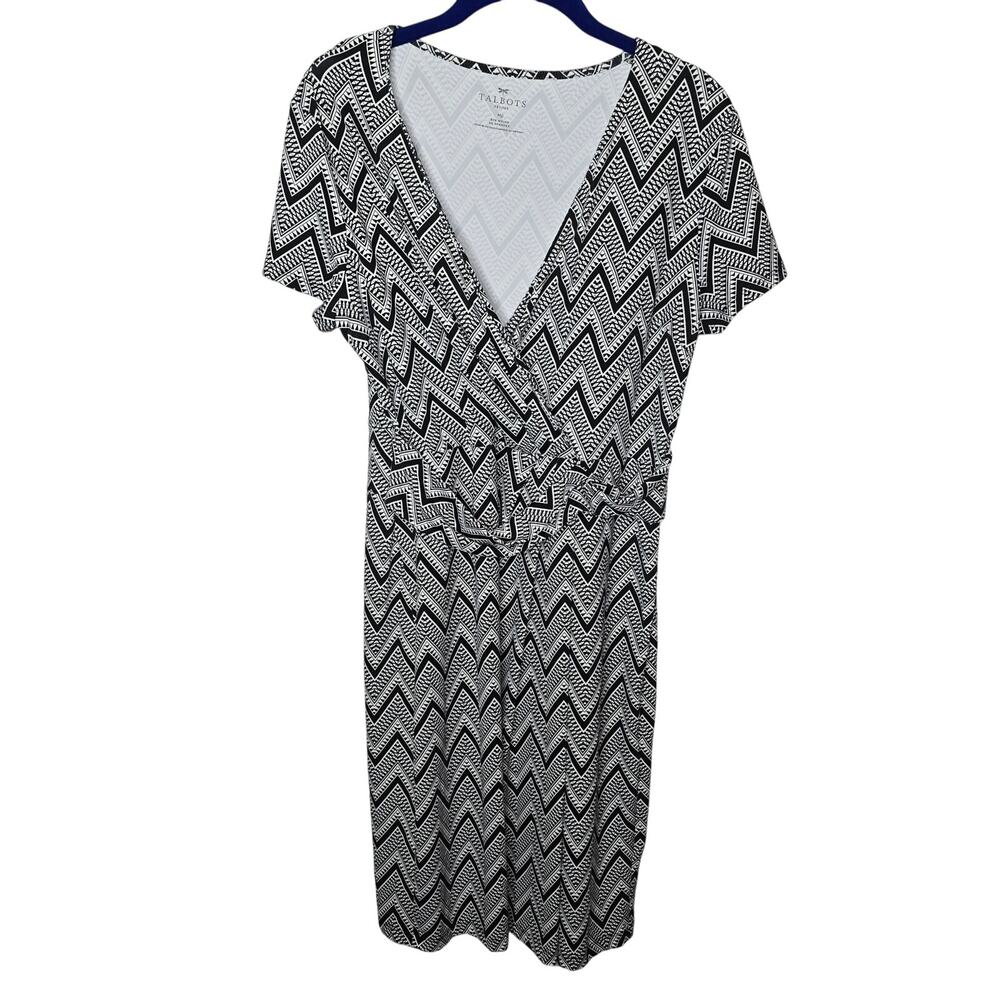 Talbots Black White Zigzag Geometric Print Faux Wrap Dress Size Medium Petite - Picture 1 of 6